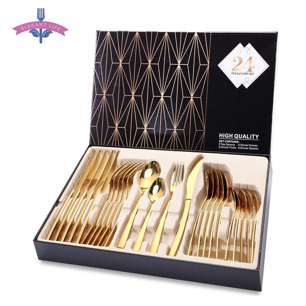 24PCS Tableware Gold Cutlery Set - Dishes Dinnerware Set Knives Forks Spoons Western Kitchen 18/10 Stainless Steel (AK6)