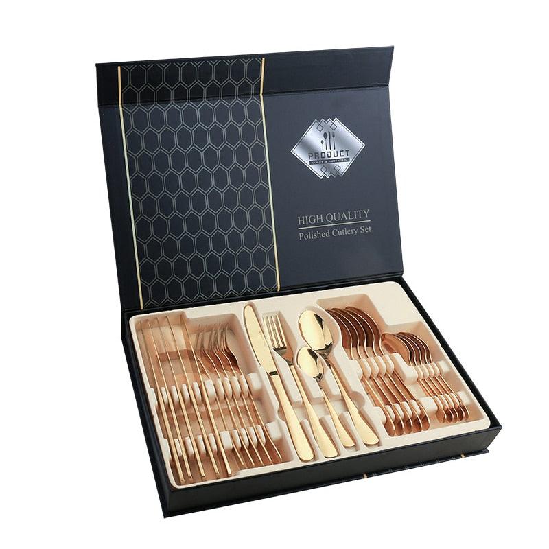 24pcs Gold Tableware Set - Fork Spoon Knife Cutlery Set - Stainless Steel Kitchen Holiday Gift Box (AK6)(1U61)