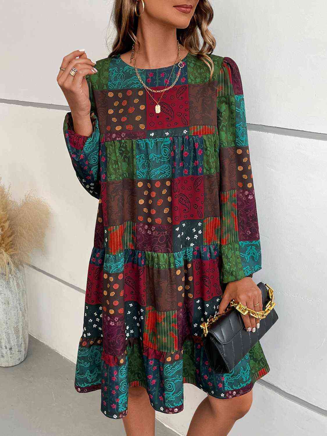 Patchwork Round Neck Long Sleeve Dress (MWBT) T - Deals DejaVu