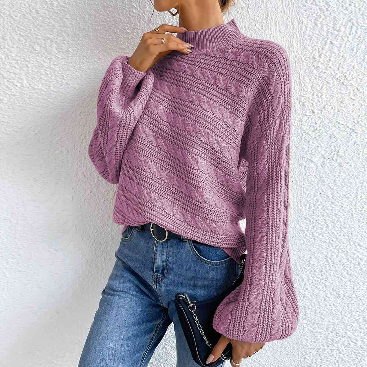 Cable-Knit Mock Neck Long Sleeve Sweater - Deals DejaVu