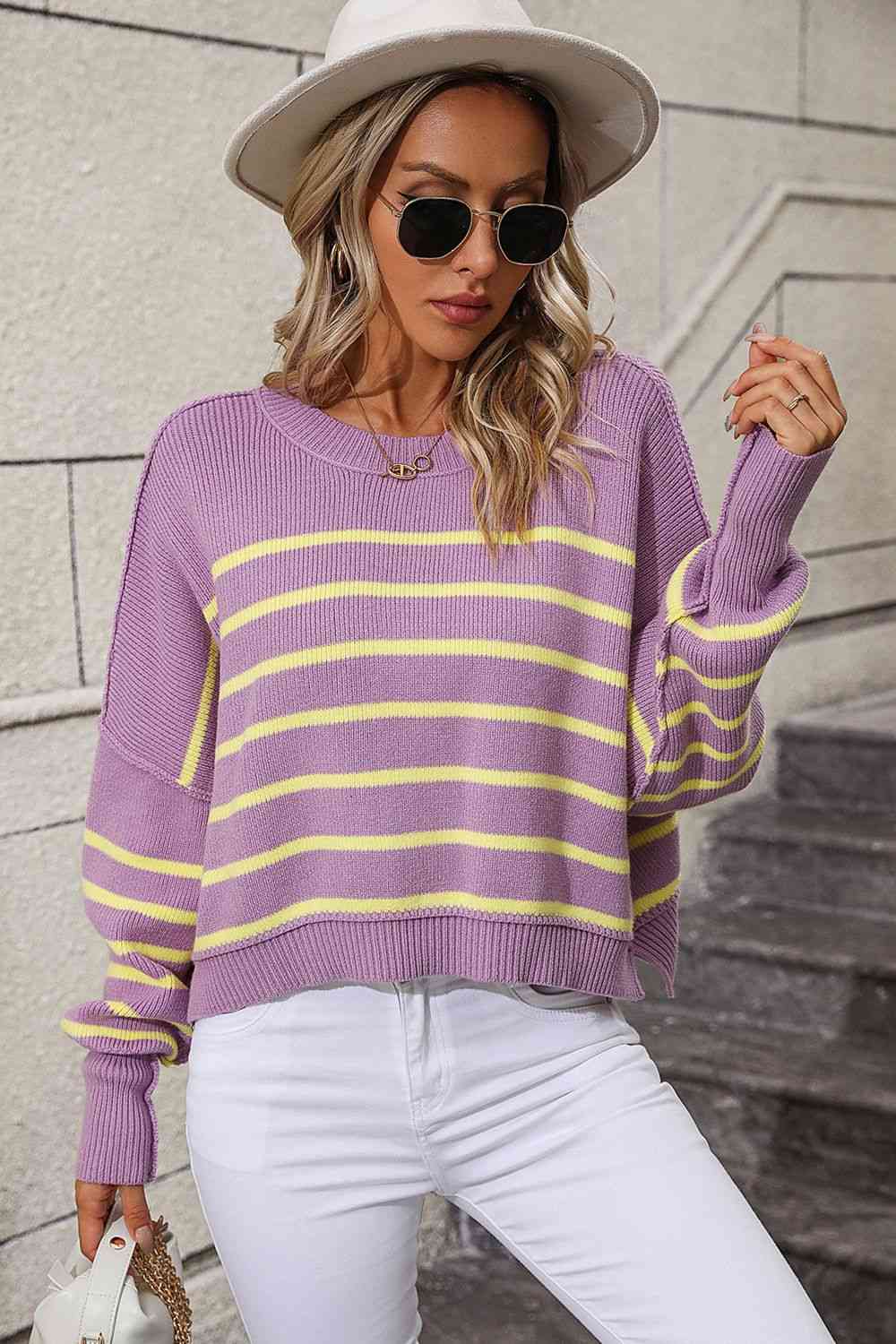 Striped Dropped Shoulder Round Neck Pullover Sweater - Deals DejaVu