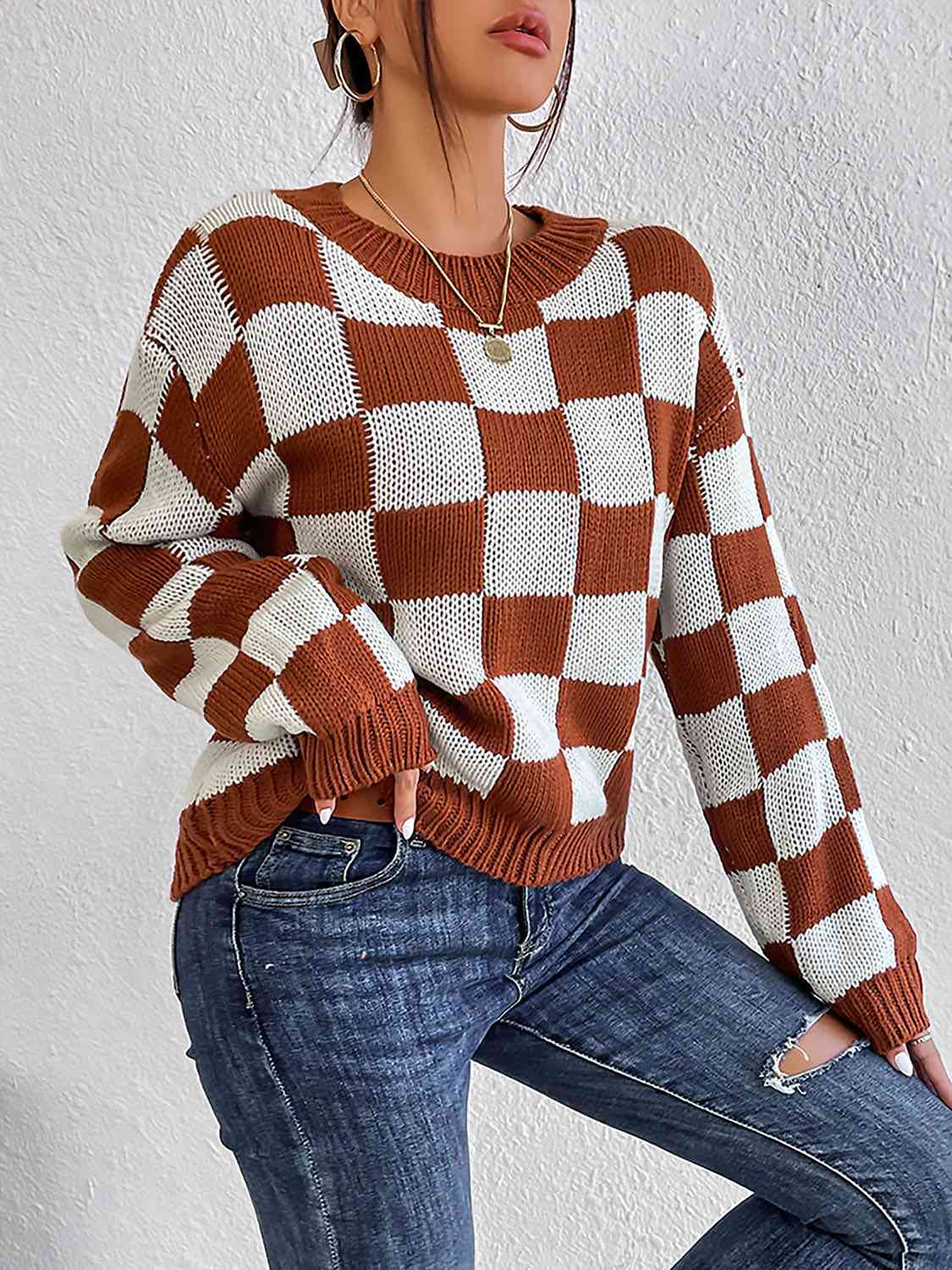 Checkered Round Neck Sweater - Deals DejaVu