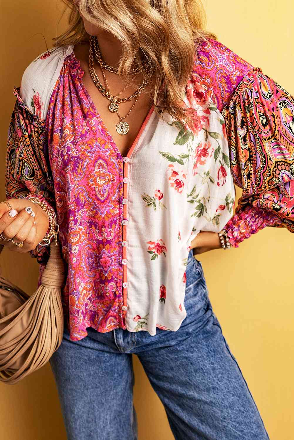 Multicolor Floral Notched Neck Lantern Sleeve Blouse (BFD) T - Deals DejaVu