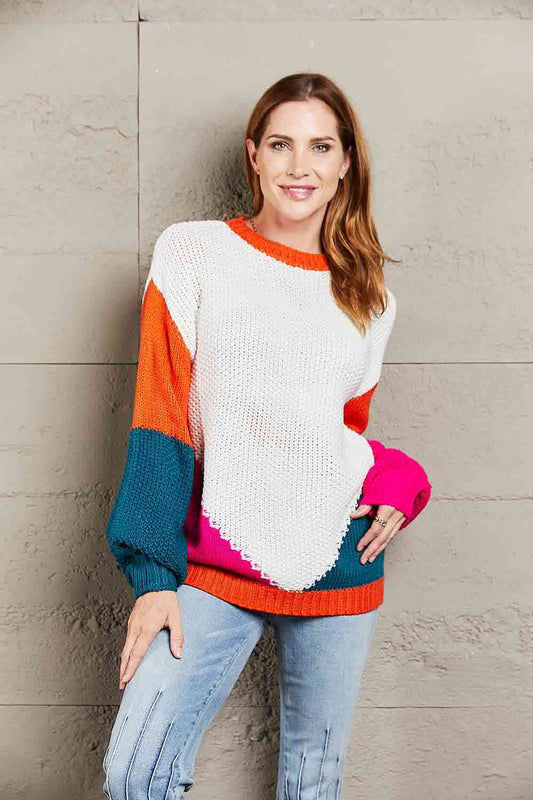 Double Take Color Block Round Neck Drop Shoulder Sweater - Deals DejaVu