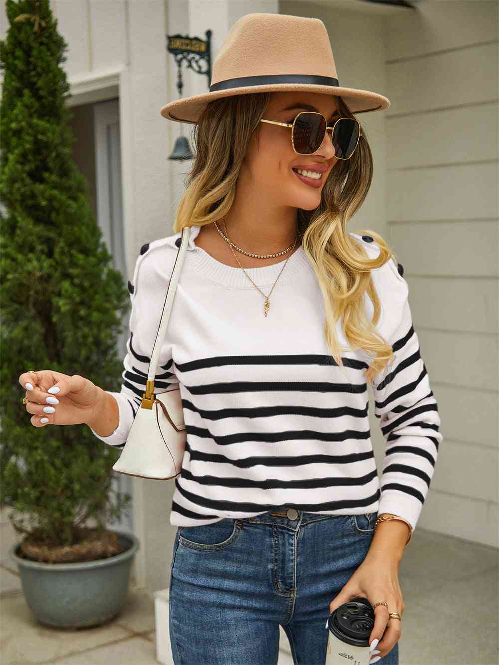 Round Neck Shoulder Button Striped Pullover Sweater - Deals DejaVu