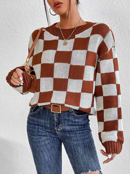 Checkered Round Neck Sweater - Deals DejaVu