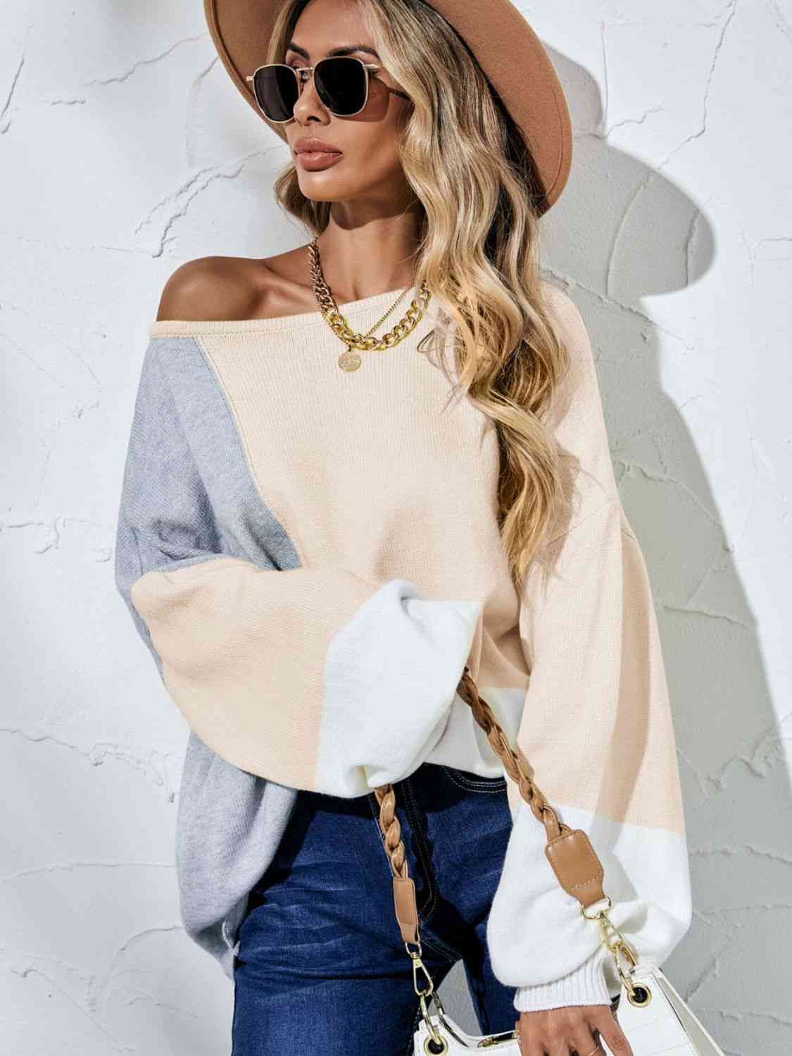 Color Block Balloon Sleeve Boat Neck Sweater - Deals DejaVu