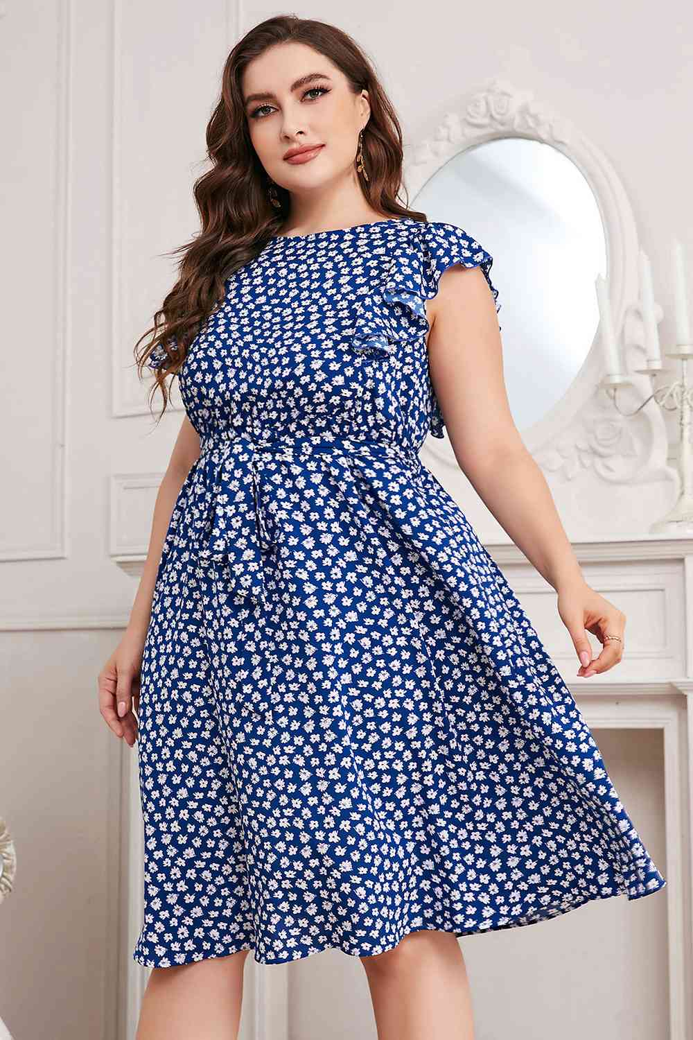 Plus Size Round Neck Tie Waist Dress (MWBT) T - Deals DejaVu