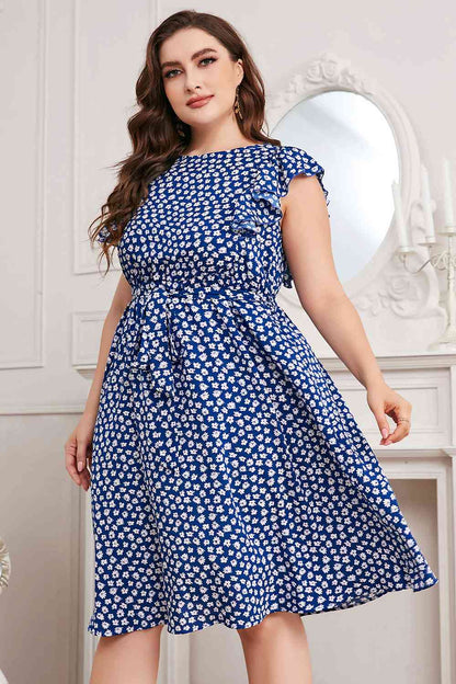 Plus Size Round Neck Tie Waist Dress (MWBT) T - Deals DejaVu