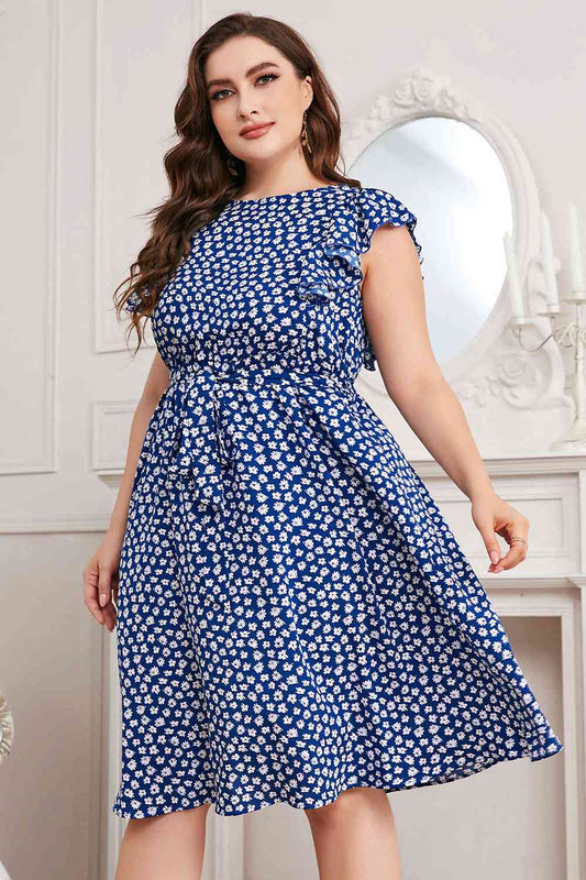 Plus Size Round Neck Tie Waist Dress (MWBT) T - Deals DejaVu