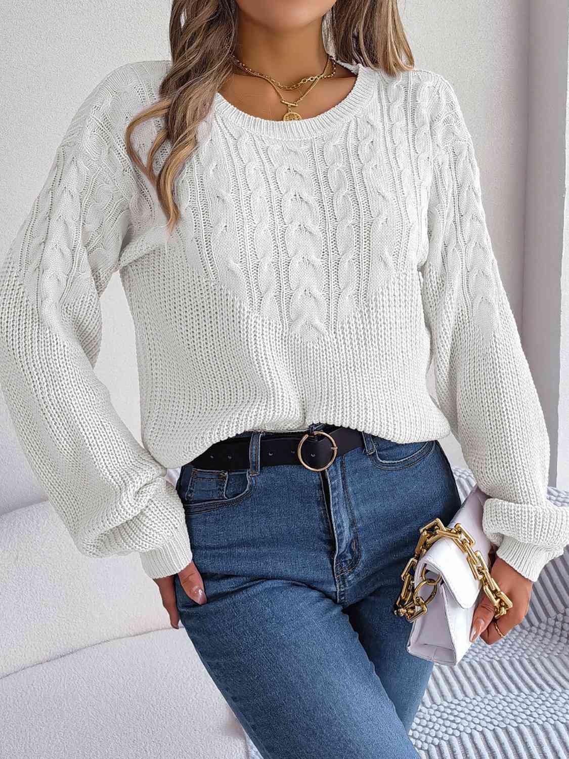 Cable-Knit Round Neck Drop Shoulder Sweater - Deals DejaVu