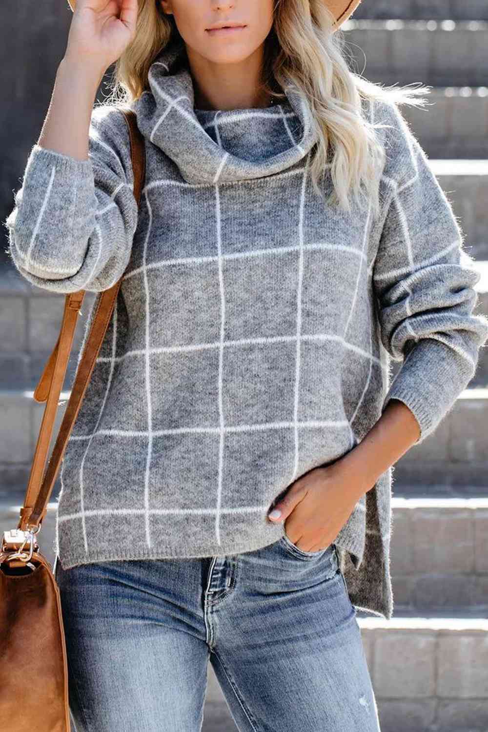 Plaid Turtleneck Drop Shoulder Sweater - Deals DejaVu