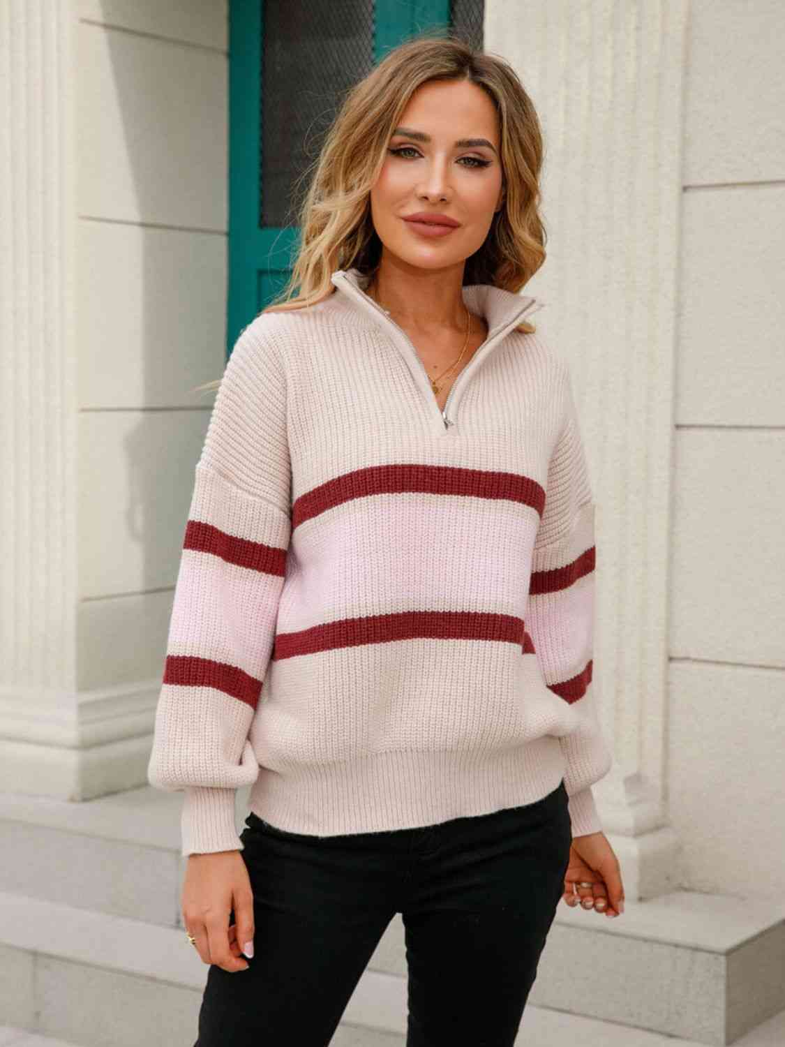 Striped Quarter-Zip Lantern Sleeve Sweater - Deals DejaVu