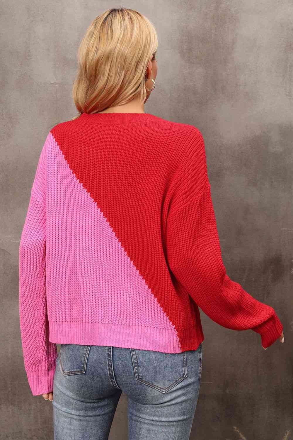 Two-Tone Round Neck Dropped Shoulder Sweater - Deals DejaVu