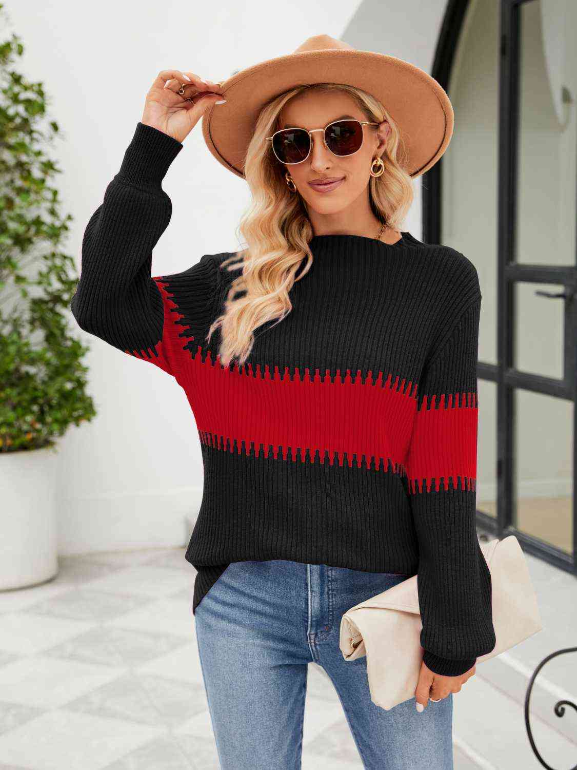 Contrast Round Neck Sweater - Deals DejaVu