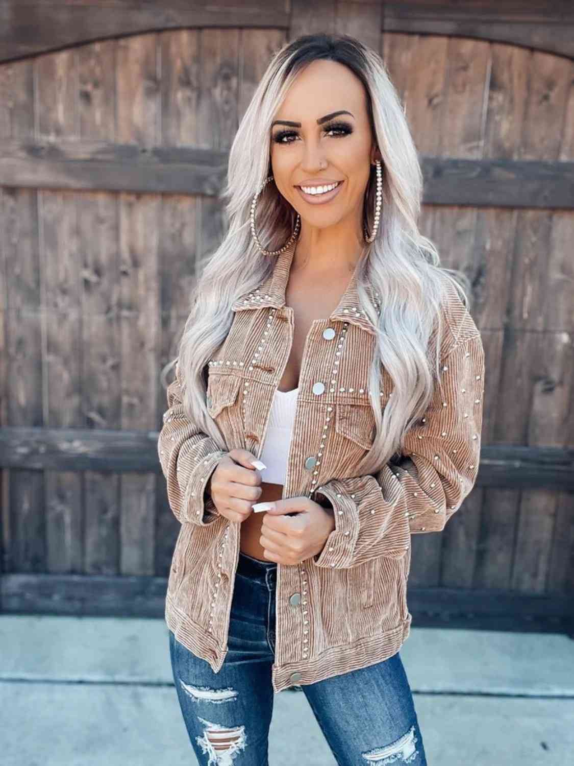 Studded Collared Neck Button Down Jacket (BFD) T - Deals DejaVu