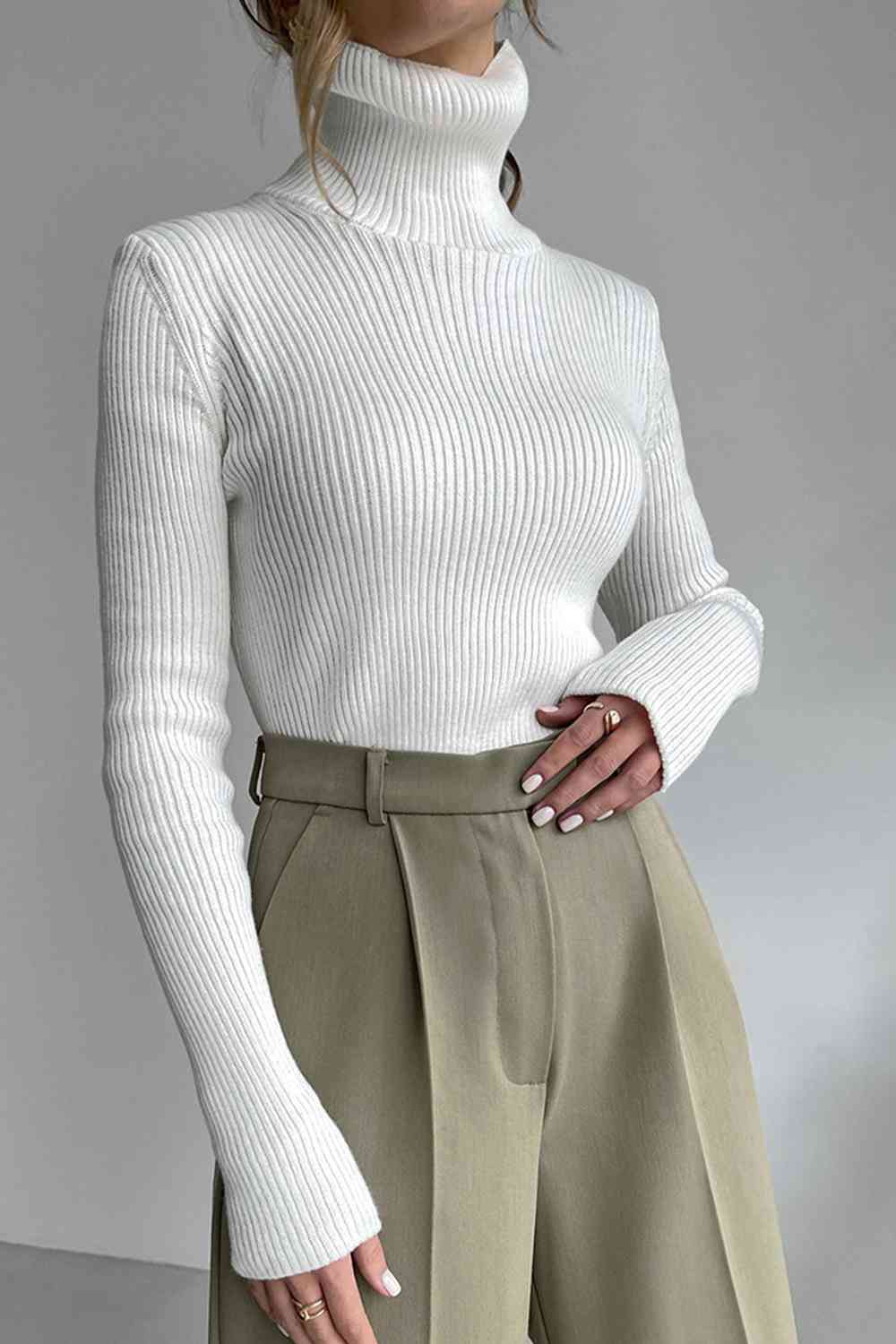 Ribbed Turtle Neck Long Sleeve Sweater - Deals DejaVu