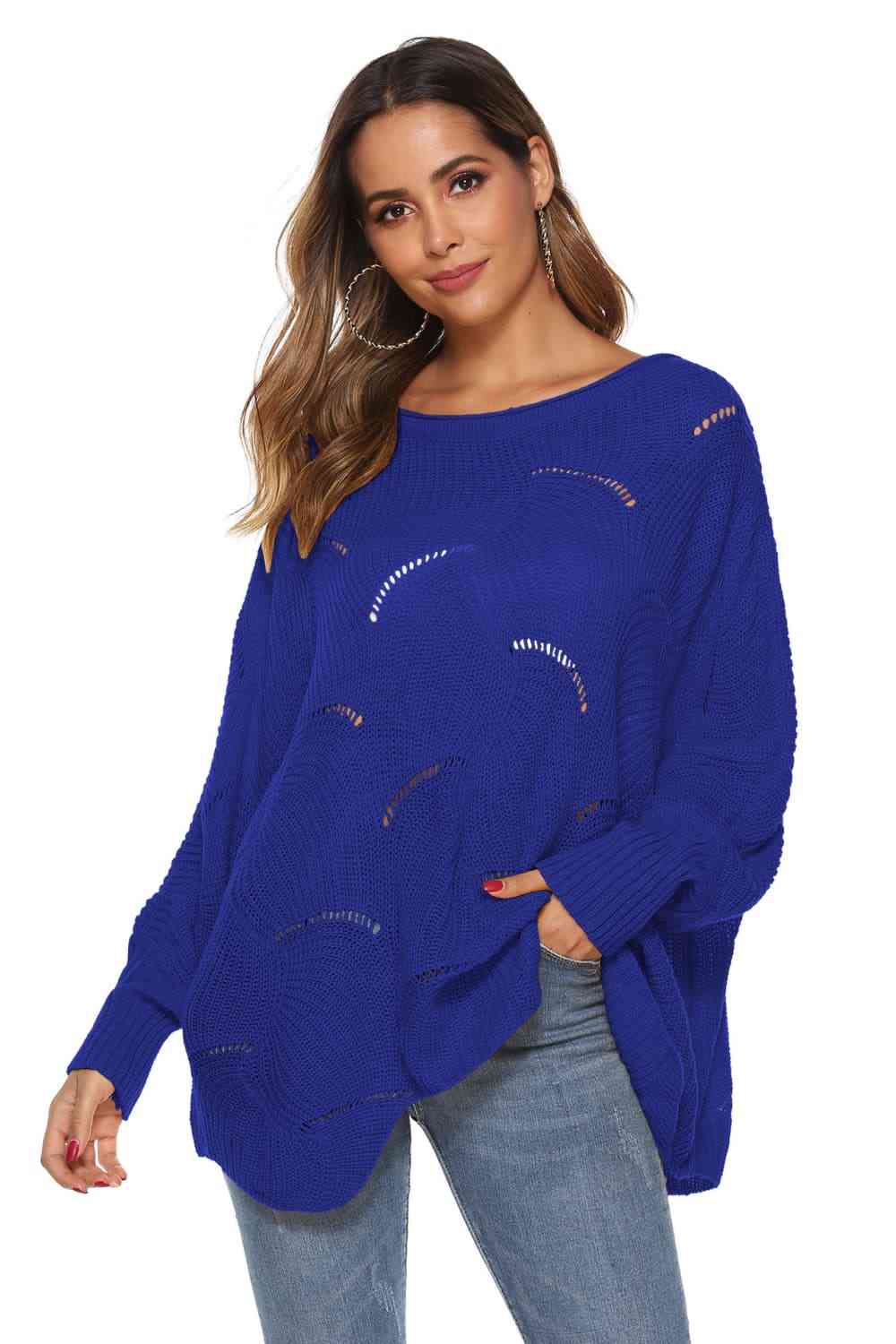 Round Neck Long Sleeve Openwork Sweater