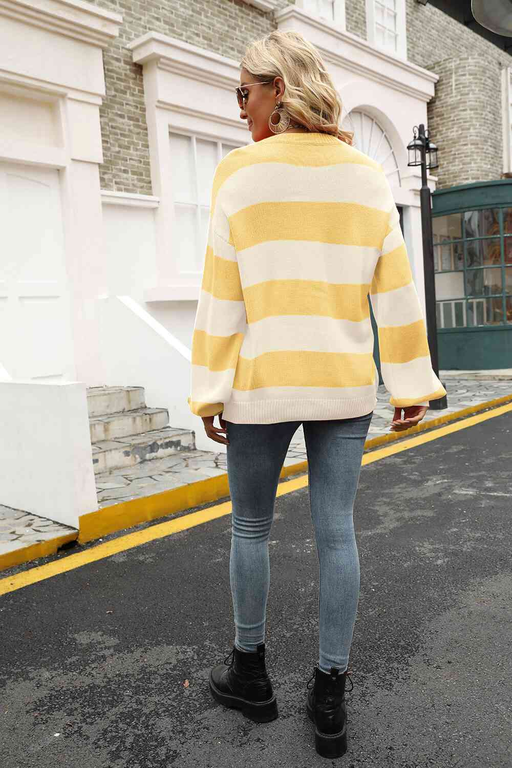 Striped Balloon Sleeve Knit Pullover - Deals DejaVu