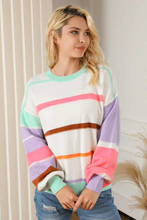 Round Neck Lantern Sleeve Sweater - Deals DejaVu