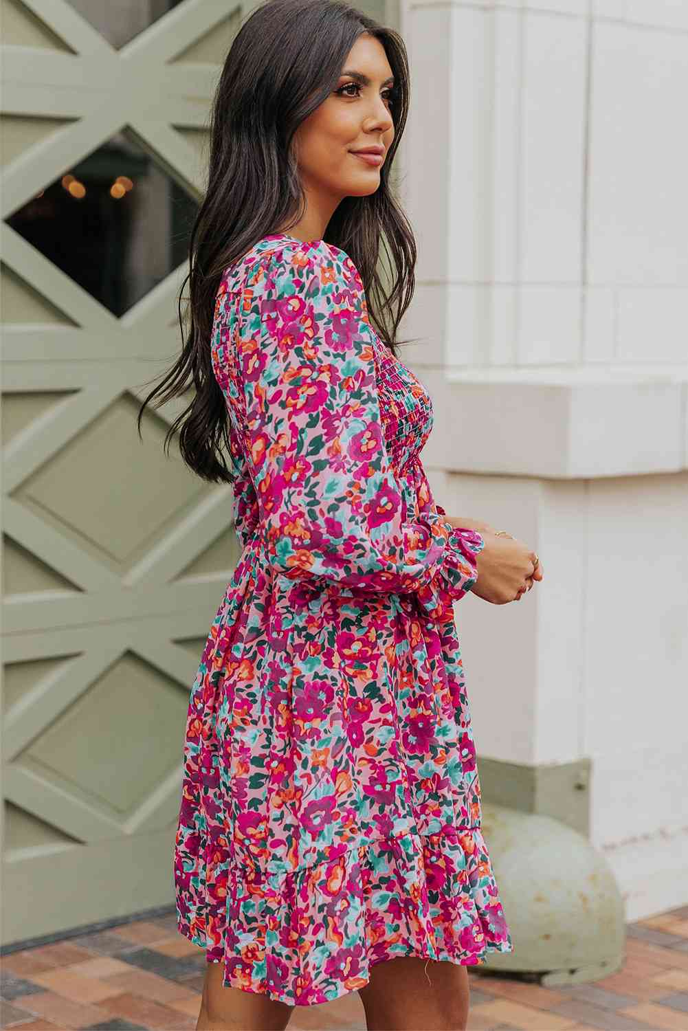 Floral Smocked V-Neck Flounce Sleeve Dress (MWBT) T - Deals DejaVu