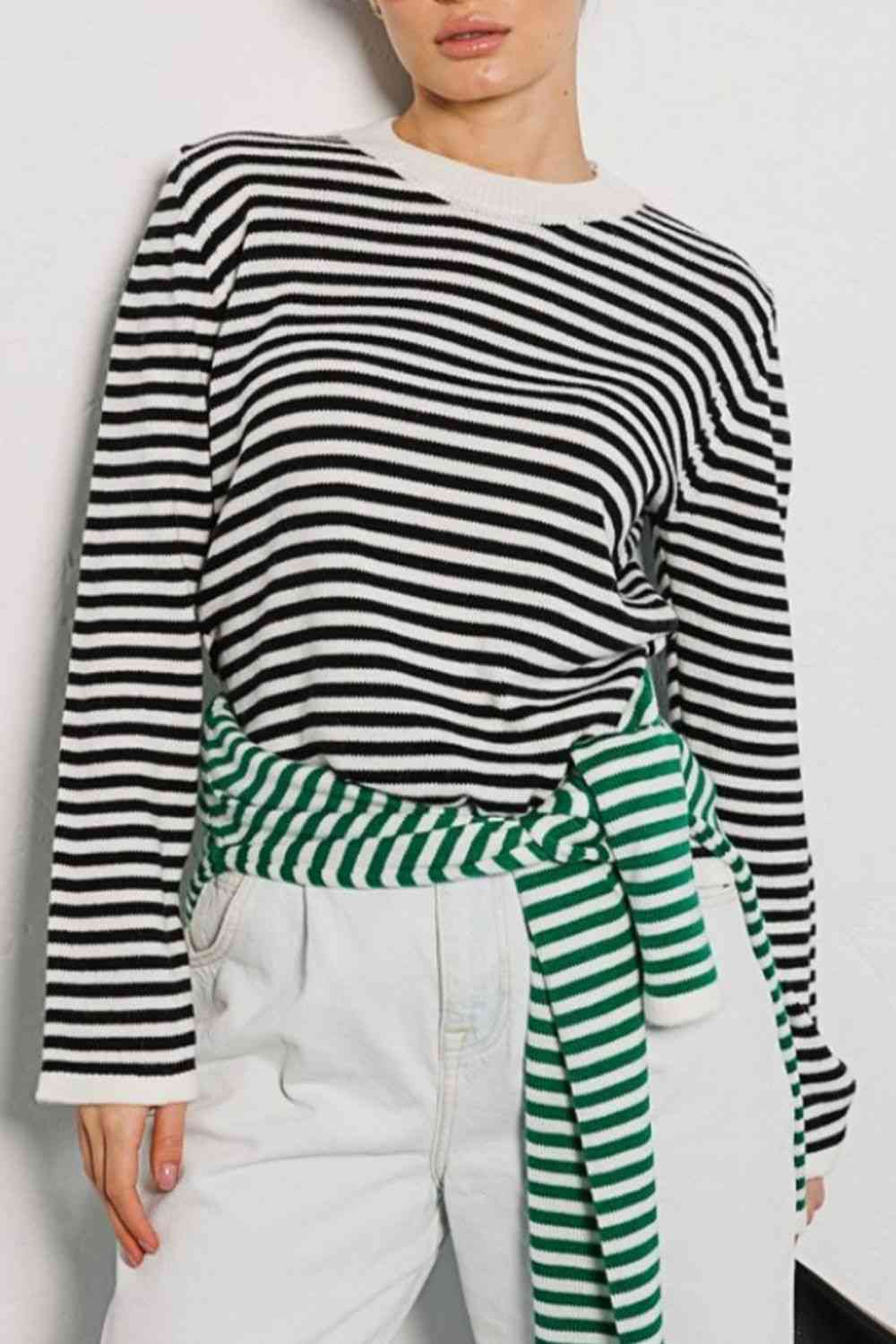 Striped Round Neck Long Sleeve Sweater - Deals DejaVu