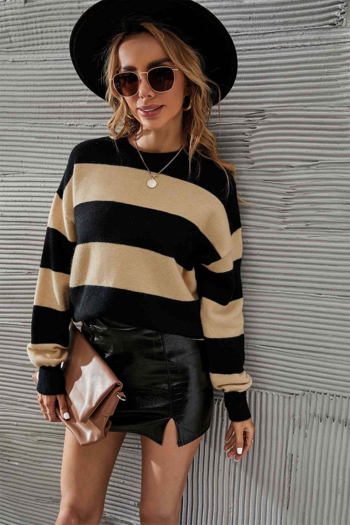 Two-Tone Round Neck Dropped Shoulder Sweater - Deals DejaVu