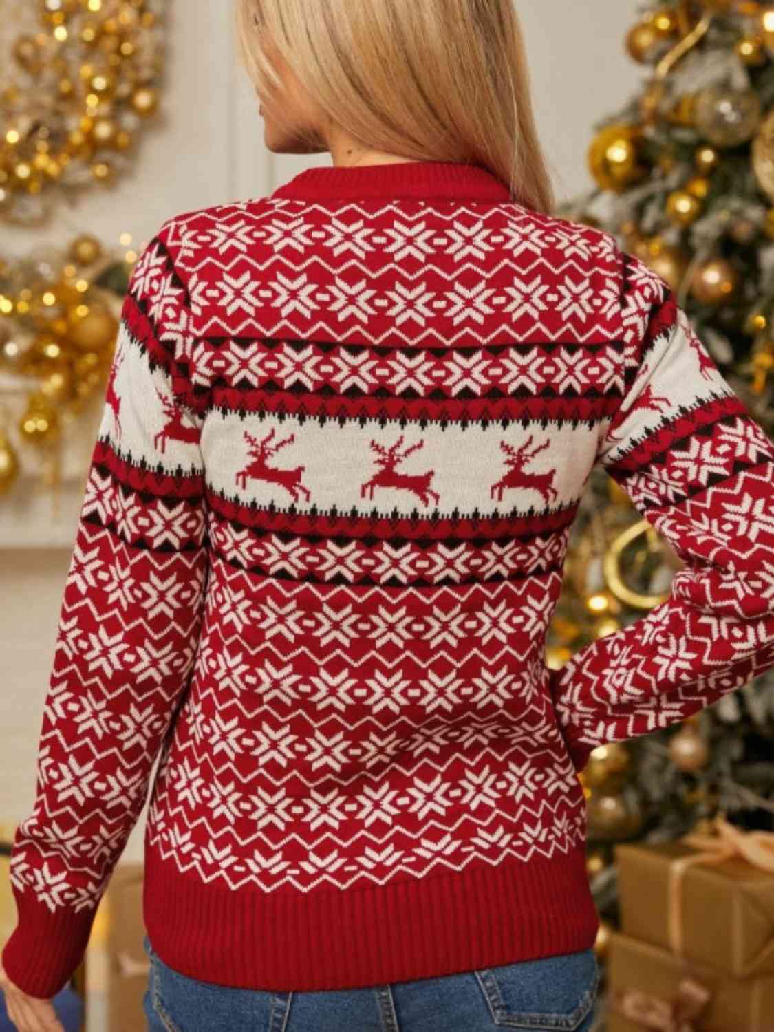 Reindeer and Snowflake Print Pullover Sweater - Deals DejaVu