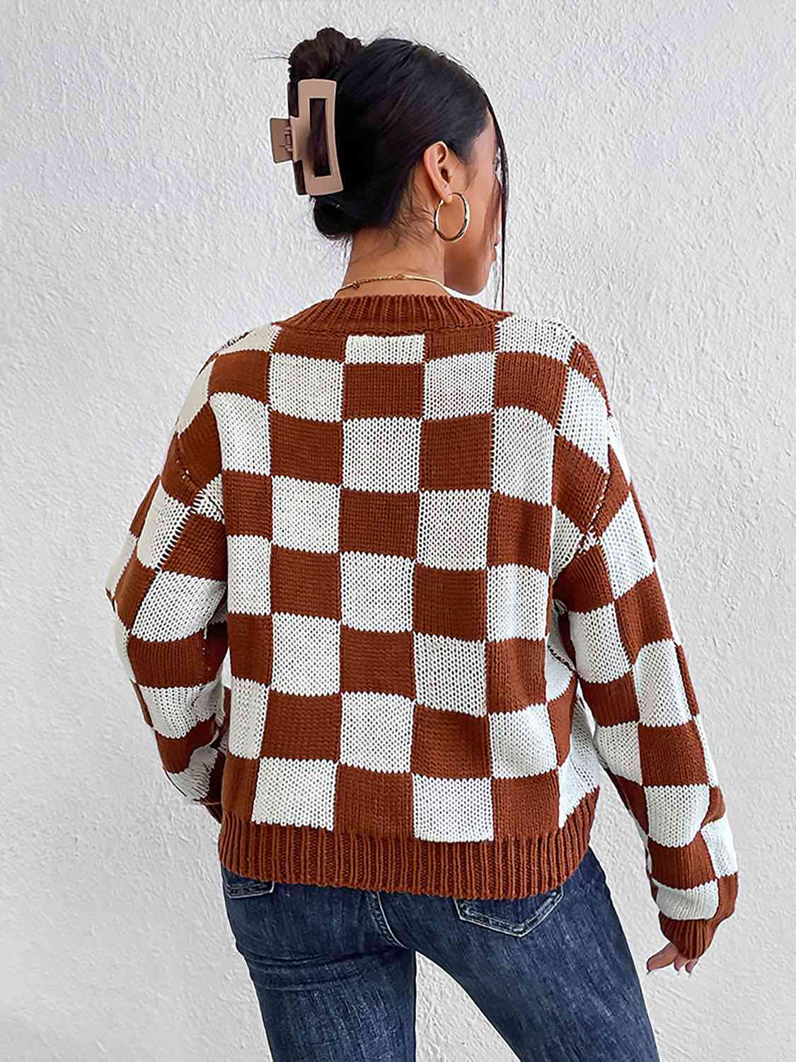 Checkered Round Neck Sweater - Deals DejaVu