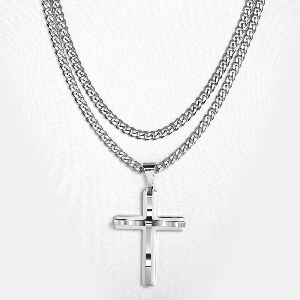 Great 2Pcs Silver Color Cross Pendant Necklace - Flat Curb Cuban Stainless Steel Chain (2U83)