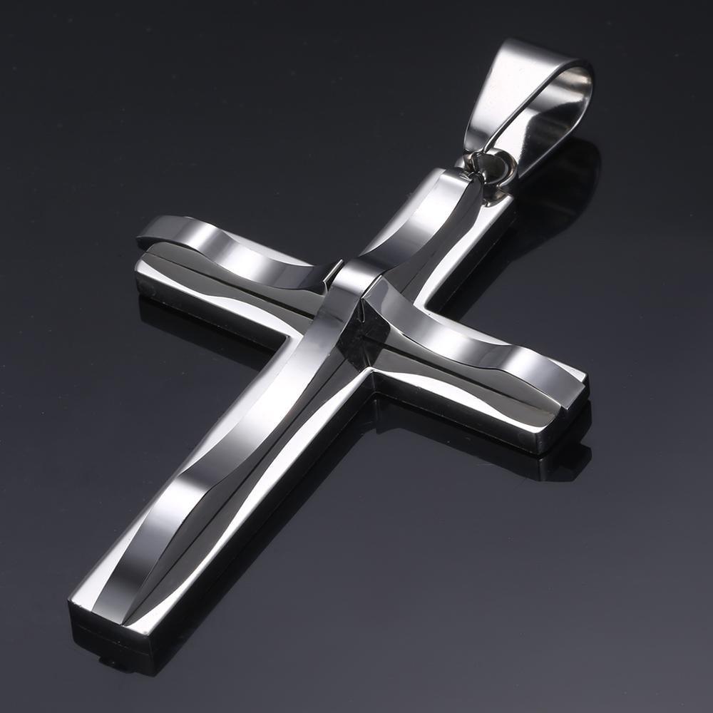 Great 2Pcs Silver Color Cross Pendant Necklace - Flat Curb Cuban Stainless Steel Chain (2U83)