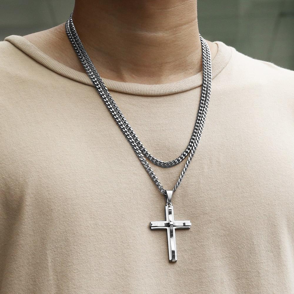 Great 2Pcs Silver Color Cross Pendant Necklace - Flat Curb Cuban Stainless Steel Chain (2U83)