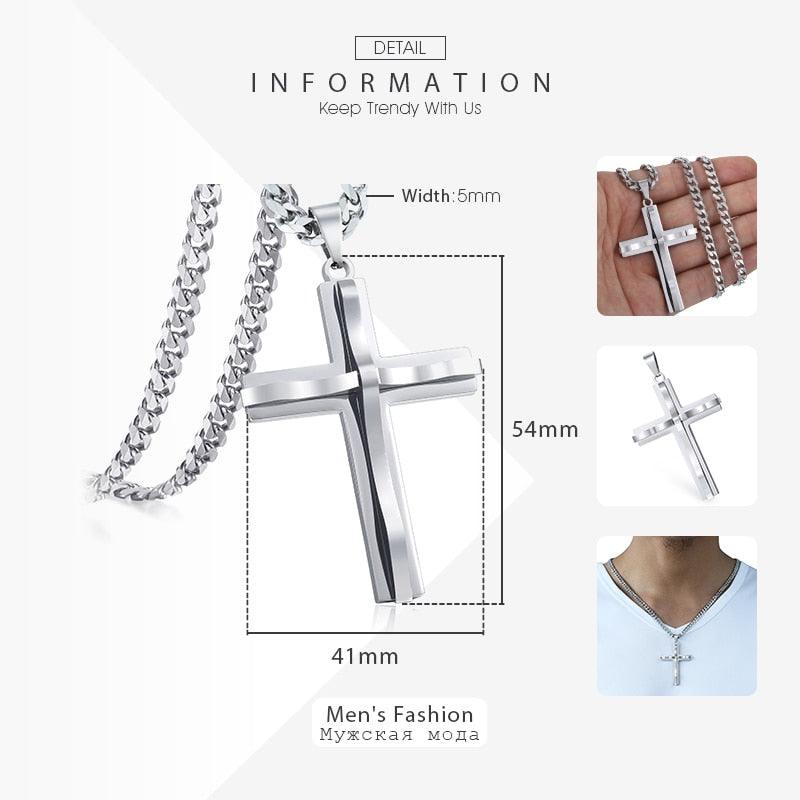 Great 2Pcs Silver Color Cross Pendant Necklace - Flat Curb Cuban Stainless Steel Chain (2U83)