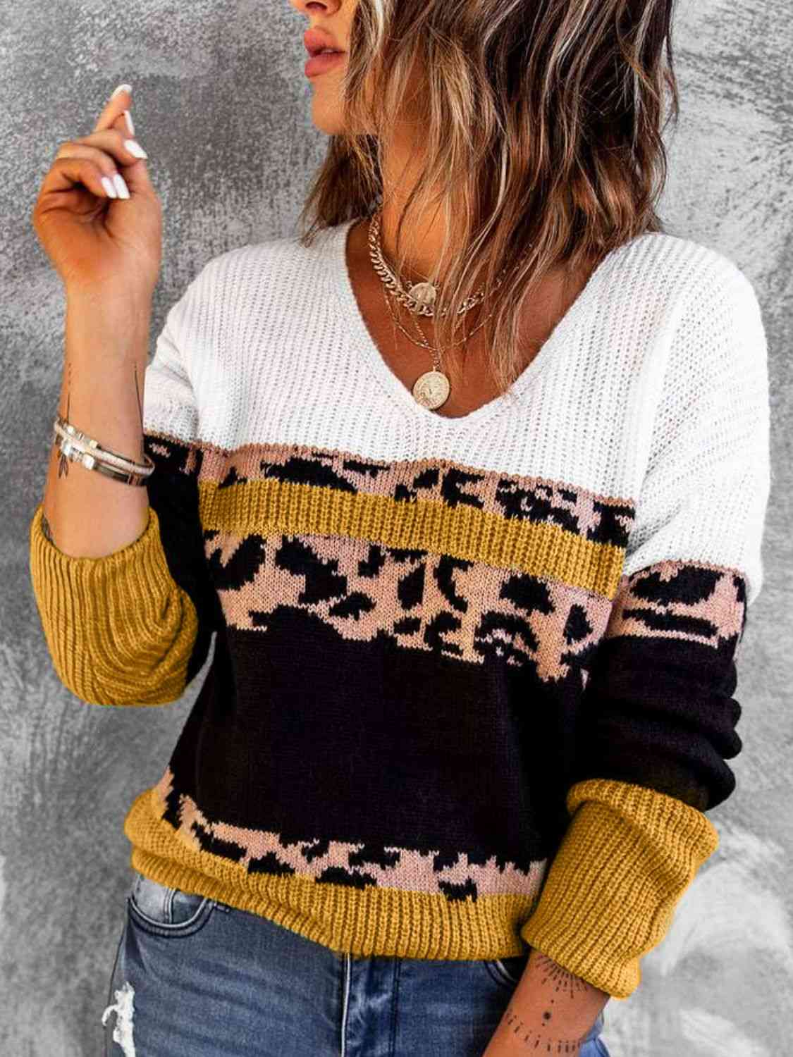 Woven Right Leopard Color Block V-Neck Rib-Knit Sweater