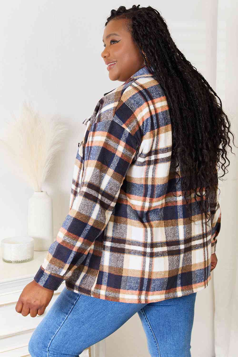 Double Take Plaid Button Front Shirt Jacket with Breast Pockets (BFD) T - Deals DejaVu