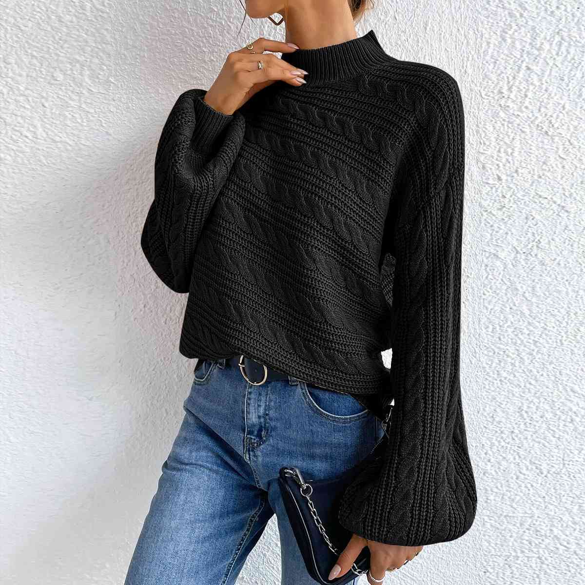 Cable-Knit Mock Neck Long Sleeve Sweater - Deals DejaVu