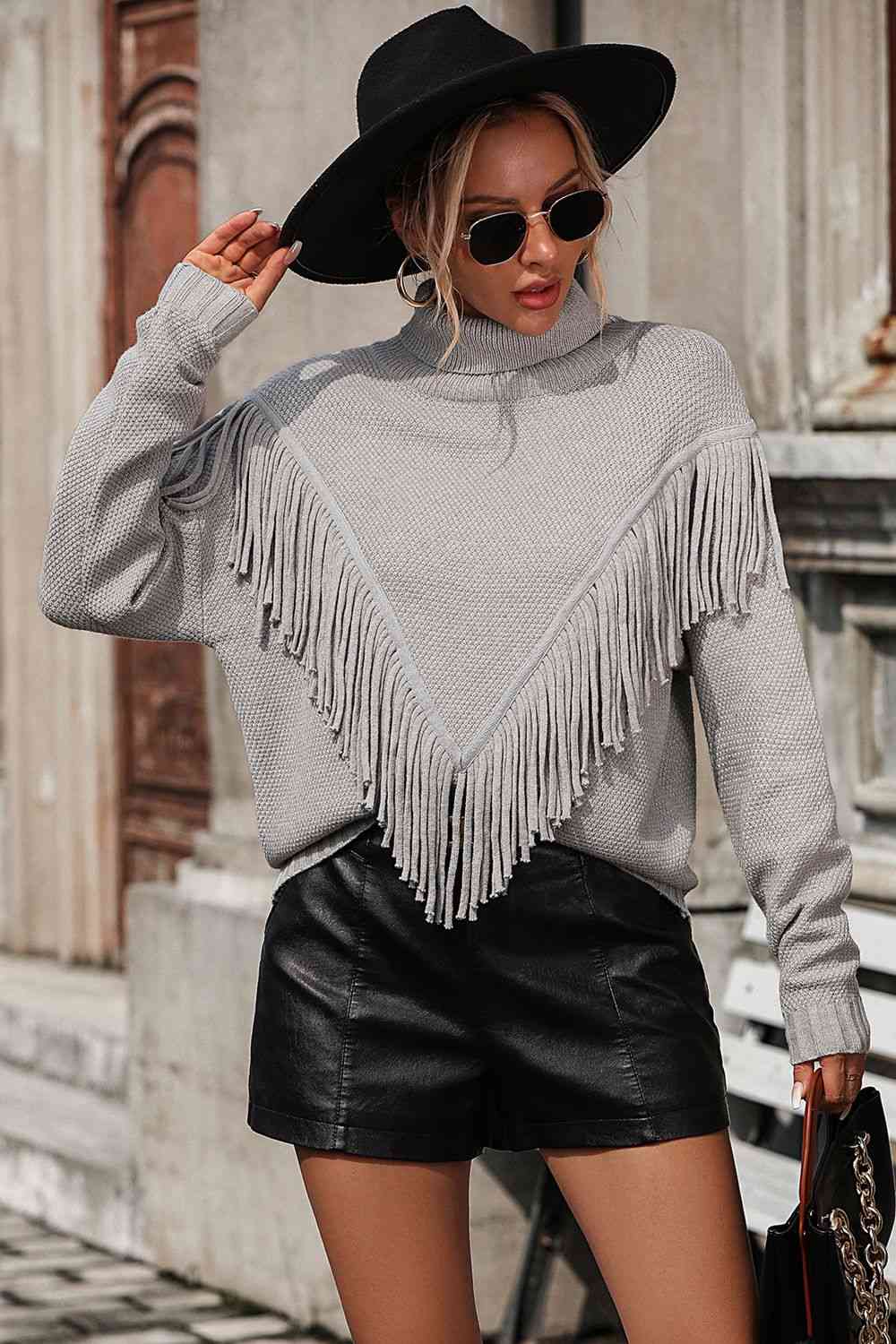 Turtle Neck Tassel Front Long Sleeve Pullover Sweater - Deals DejaVu