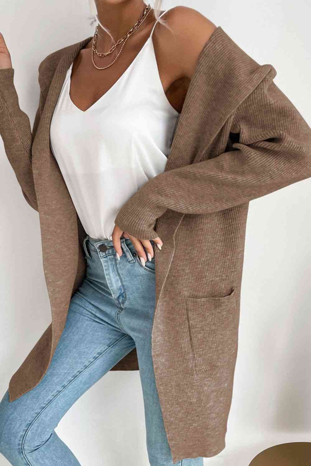 Double Take Ribbed Open Front Hooded Cardigan with Pockets - Deals DejaVu