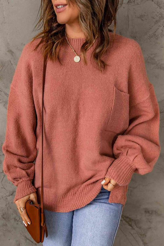 Ribbed Trim Lantern Sleeve Pocketed Sweater - Deals DejaVu