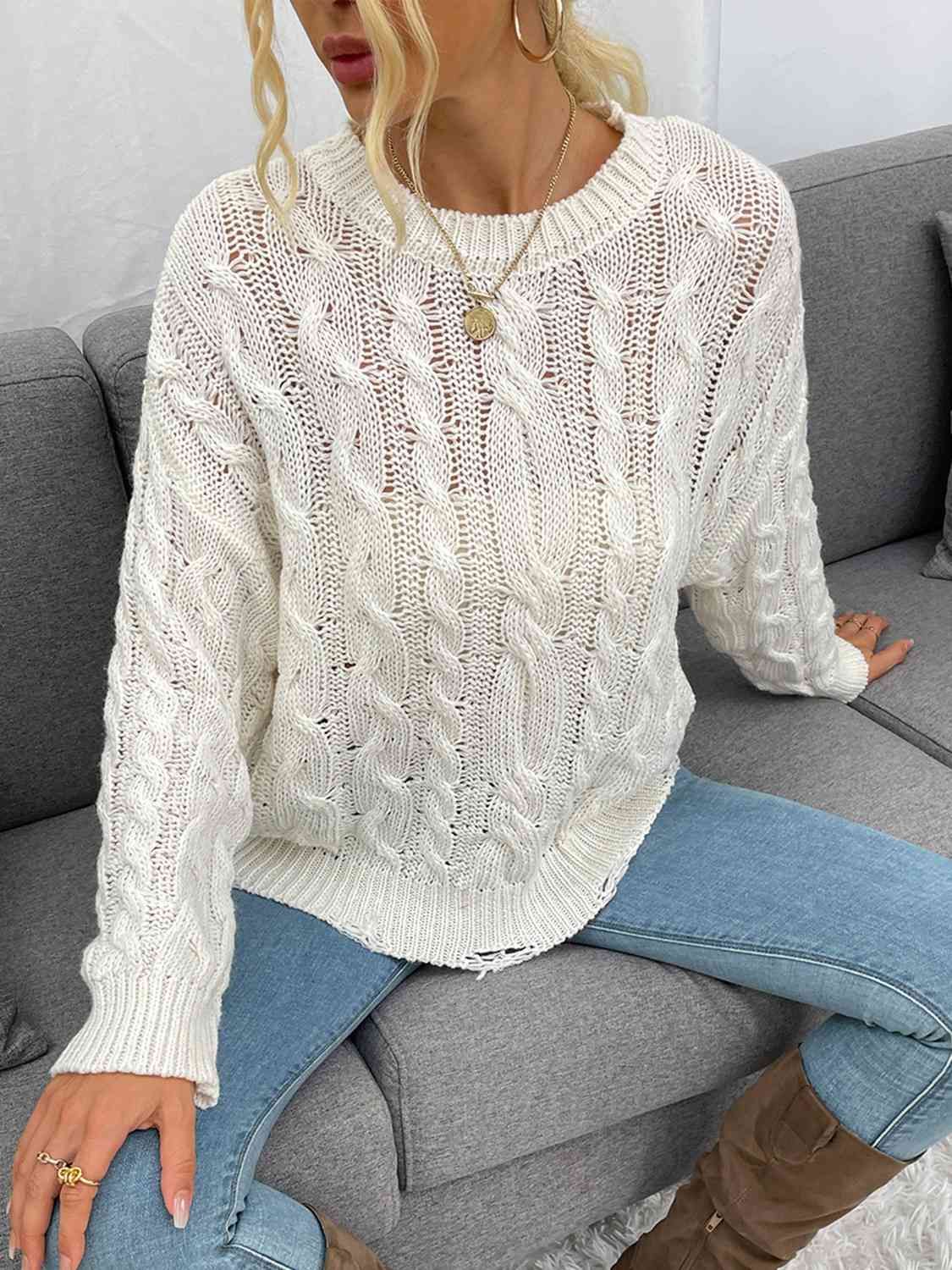 Openwork Distressed Long Sleeve Sweater - Deals DejaVu