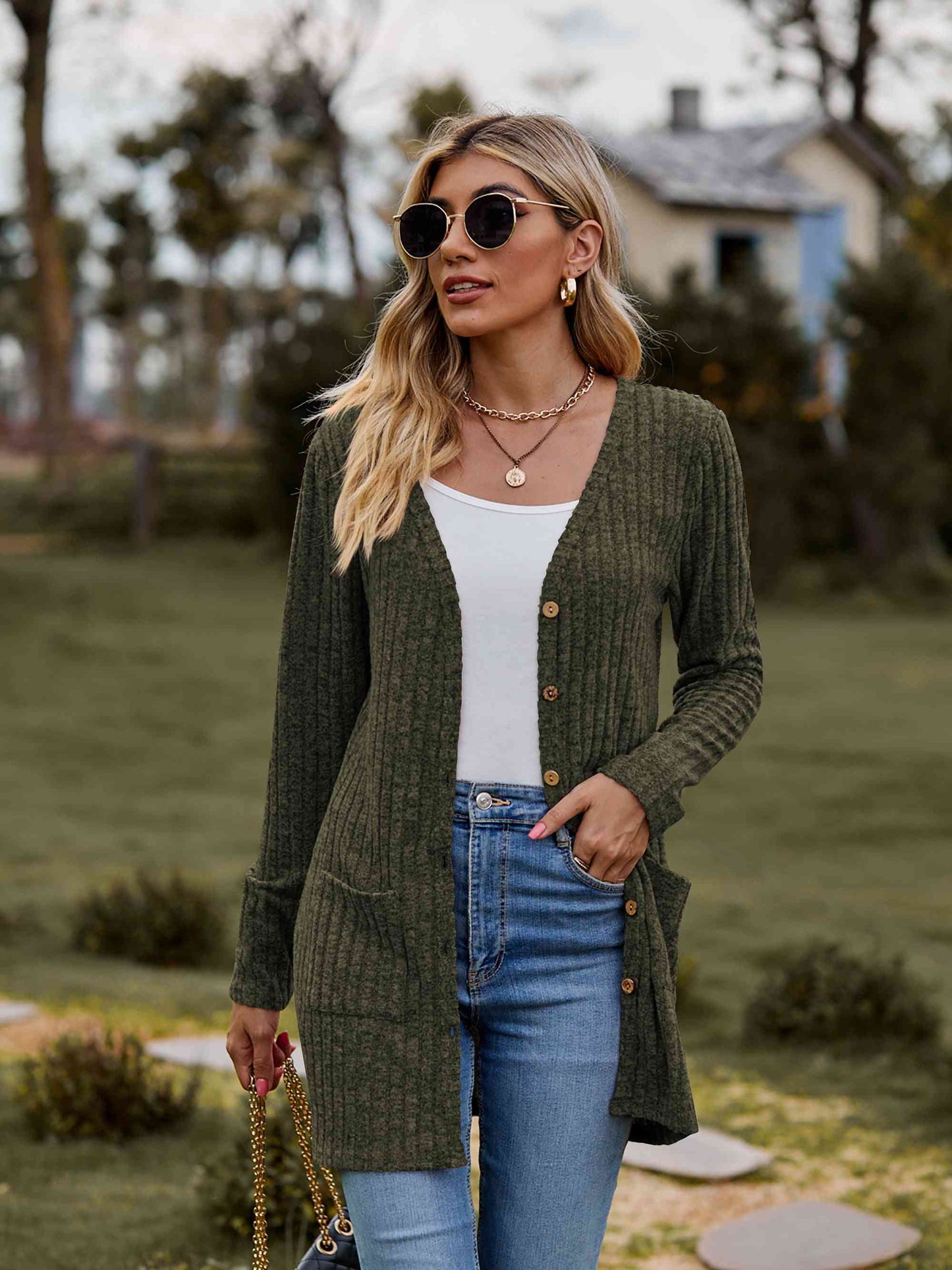 Ribbed Button-Up Cardigan with Pockets (BFD) T - Deals DejaVu