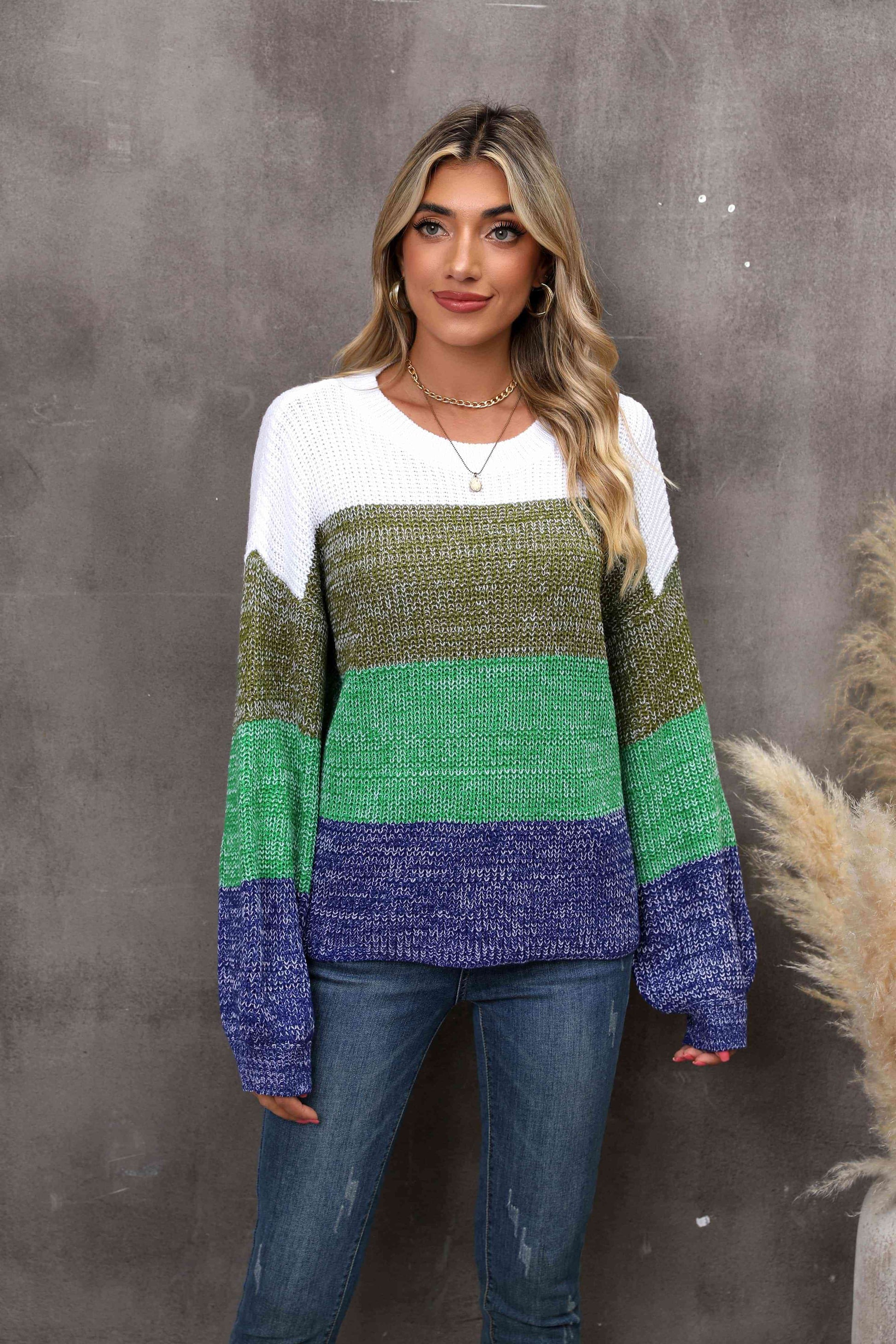 Color Block Round Neck Dropped Shoulder Sweater - Deals DejaVu