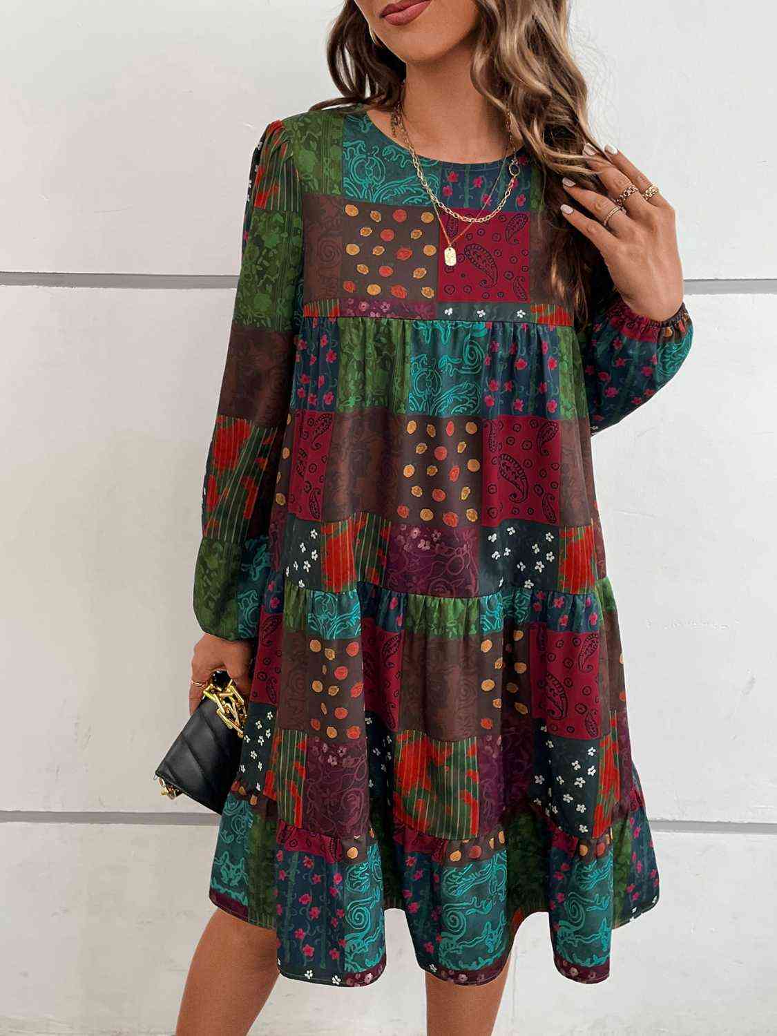 Patchwork Round Neck Long Sleeve Dress (MWBT) T - Deals DejaVu