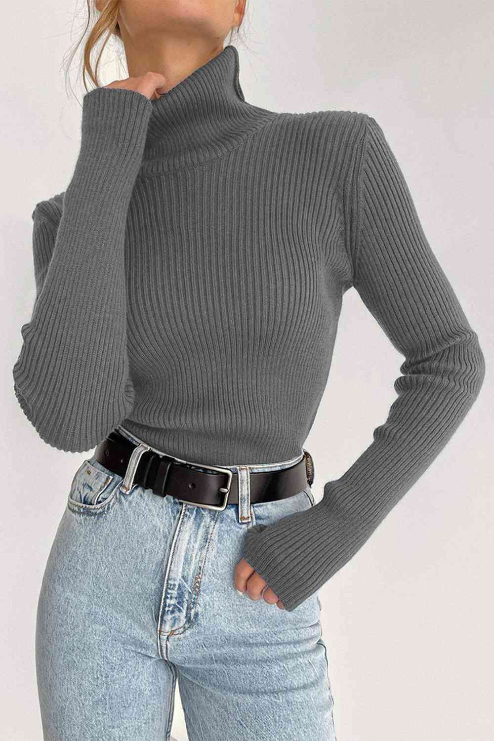 Ribbed Turtle Neck Long Sleeve Sweater - Deals DejaVu