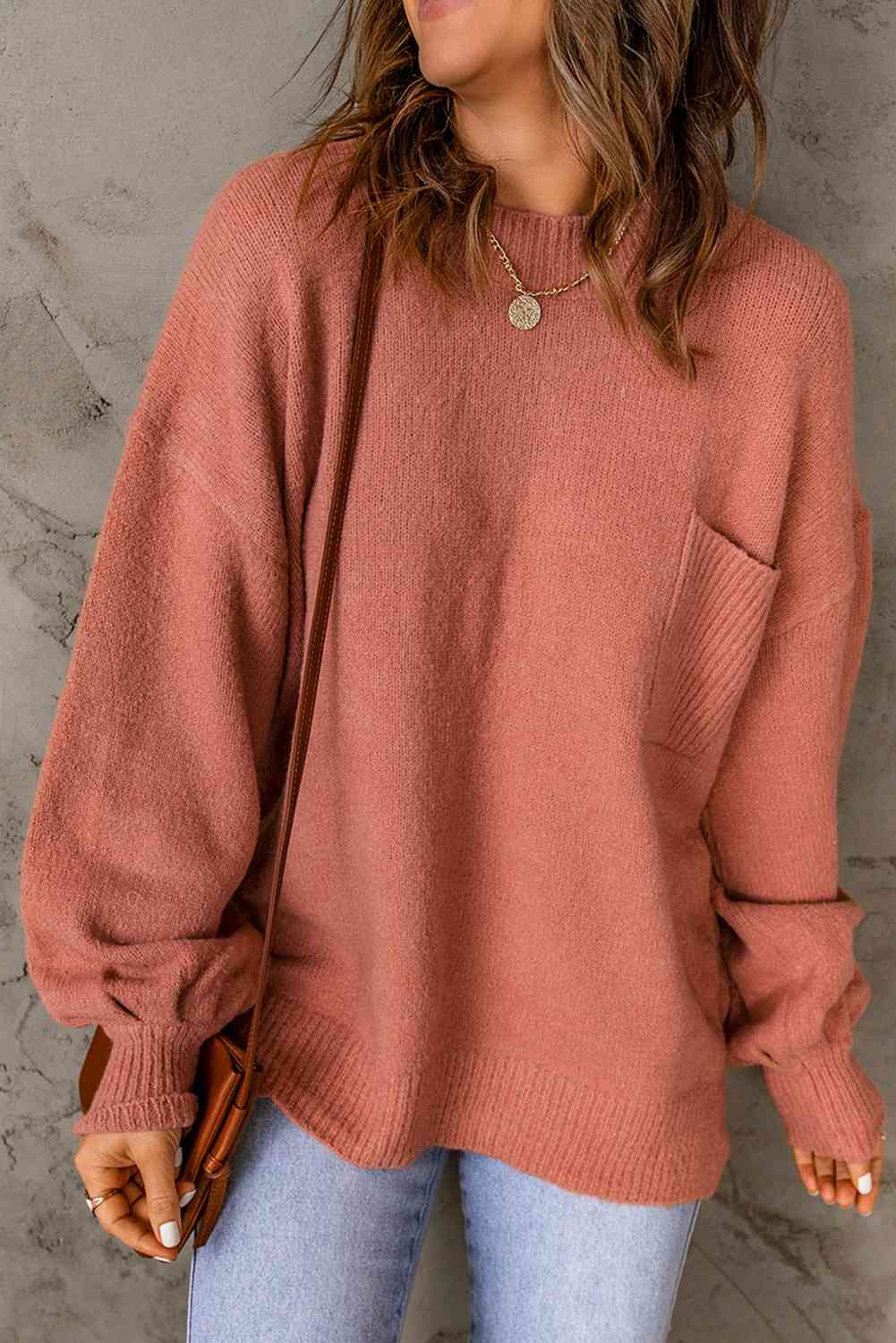 Ribbed Trim Lantern Sleeve Pocketed Sweater - Deals DejaVu