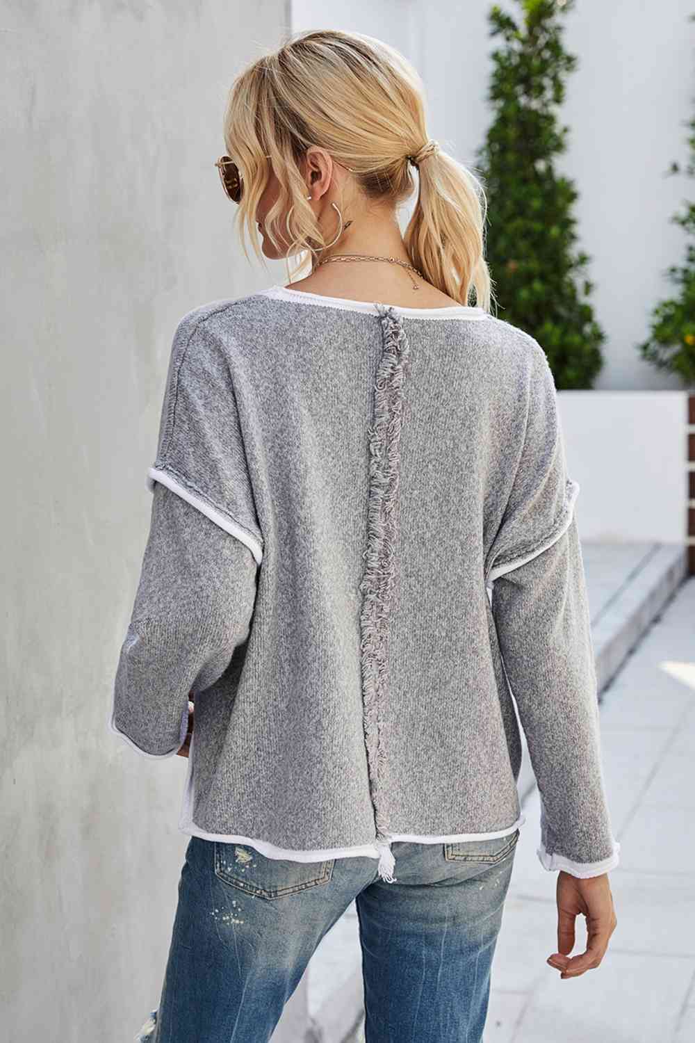 Round Neck Dropped Shoulder Sweater - Deals DejaVu