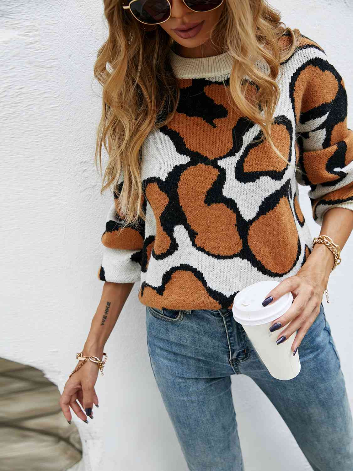 Printed Round Neck Long Sleeve Sweater - Deals DejaVu