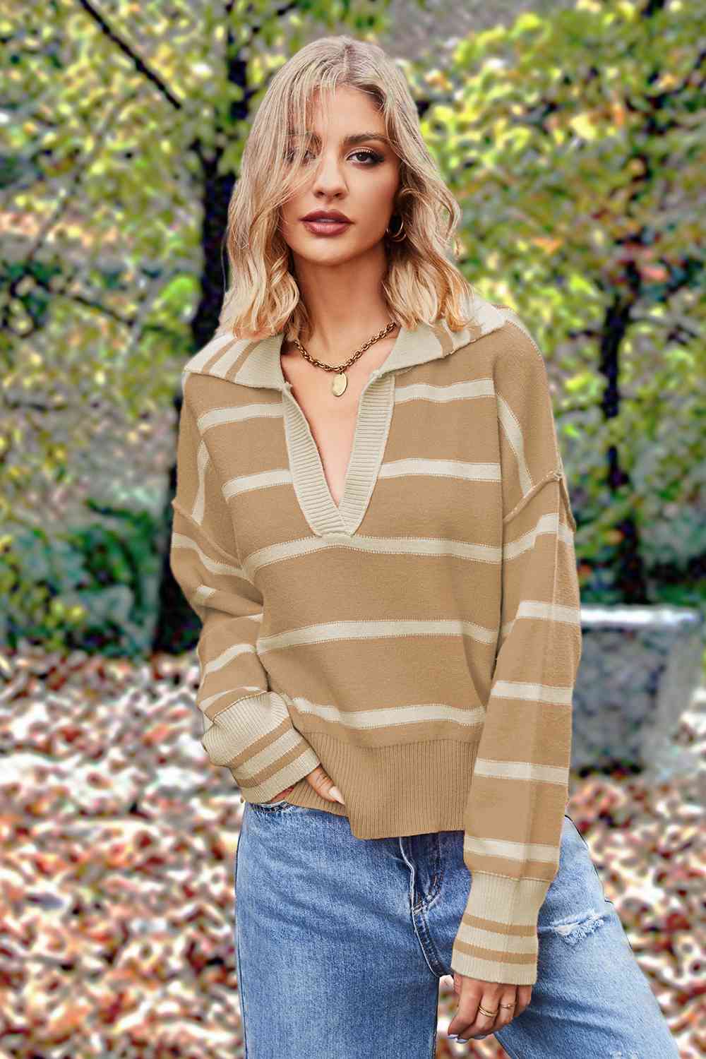 Striped Collared Long Sleeve Sweater - Deals DejaVu