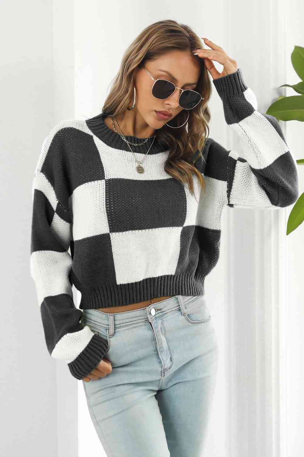 Color Block Round Neck Dropped Shoulder Sweater - Deals DejaVu