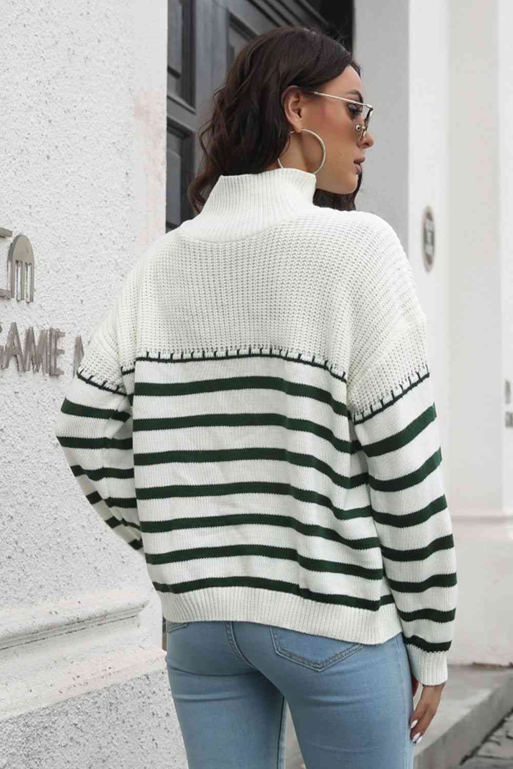 Striped Turtleneck Drop Shoulder Sweater - Deals DejaVu